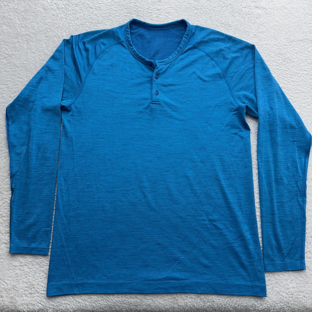 Lululemon Metal Vent Tech Henley 2.0 Blue Space Dye Long Sleeve Shirt Mens L‎